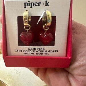 Piper K Valentine’s Day Demi Fine 14K Gold Plated & Glass Red Heart Earrings